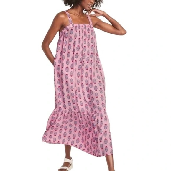 Old Navy Dresses & Skirts - Old Navy Block print maxi dress ruffle drop hem swing floral sleeveless bow tie